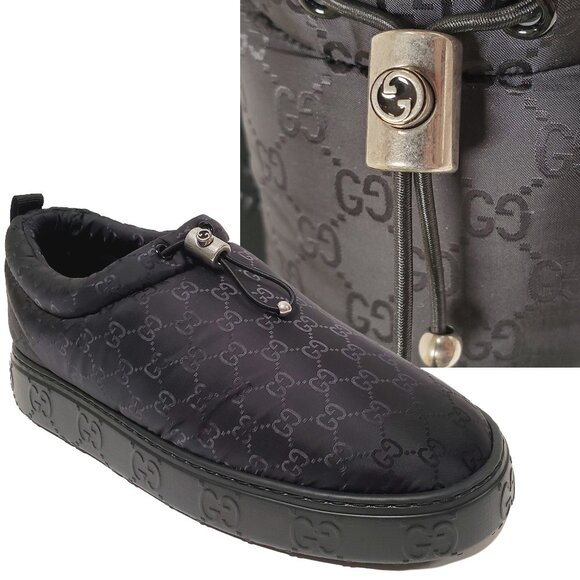 GUCCI MENS SHOES BLACK NYLON GG JACQUARD LOAFER BOOTIES w DRAWSTRING 10 10.5 US - Picture 1 of 15
